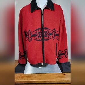 Ladies PENDLETON Red & Black Wool Zip Front Jacket Southwest Design Large/XL